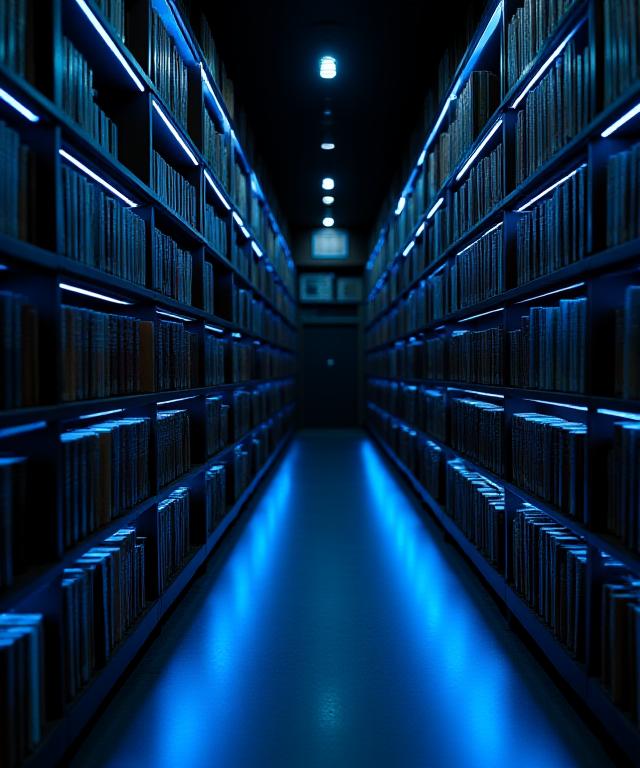 A high-contrast cinematic shot of a classic library wing at night with neon blue accent lighting